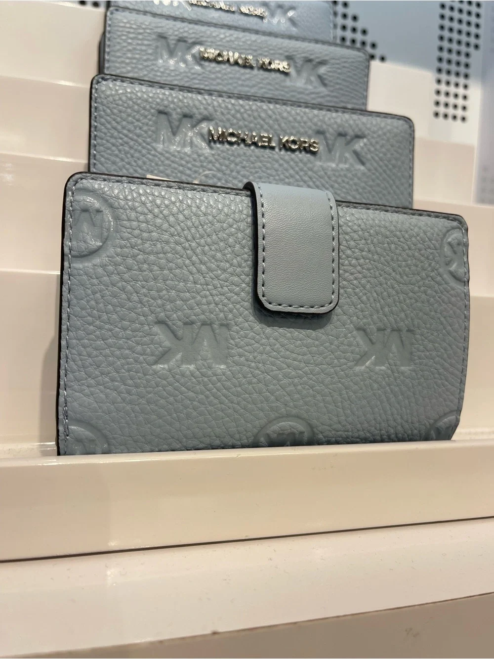 Michael Kors Jet Set Travel Med MK Logo Debossed Bifold Wallet Pale Ocean  NWT
